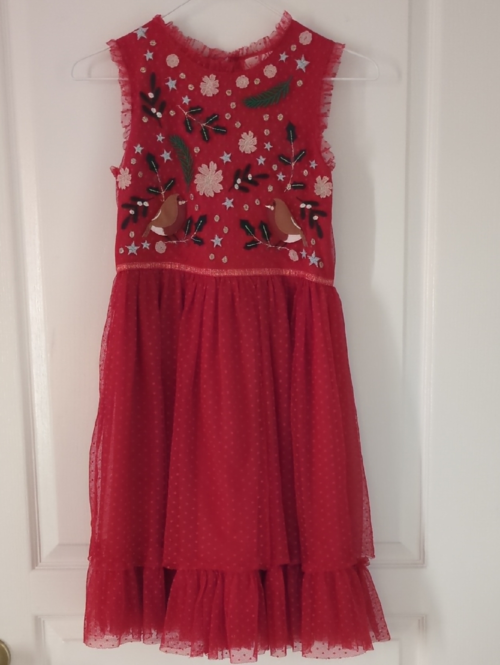 Mini Boden Holiday Bird Leaf Floral Applique Red Tulle Dress